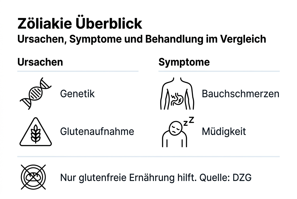 Übersichtsgrafik: Die wichtigsten Auslöser und Symptome der Zöliakie auf einen Blick