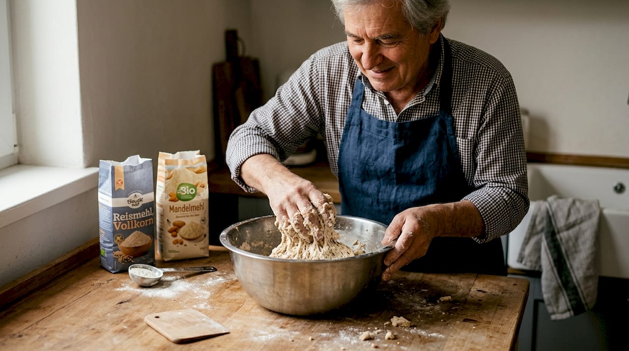 Ein Mann bearbeitet einen glutenfreien Brotteig mit den Händen in einer Schüssel.
