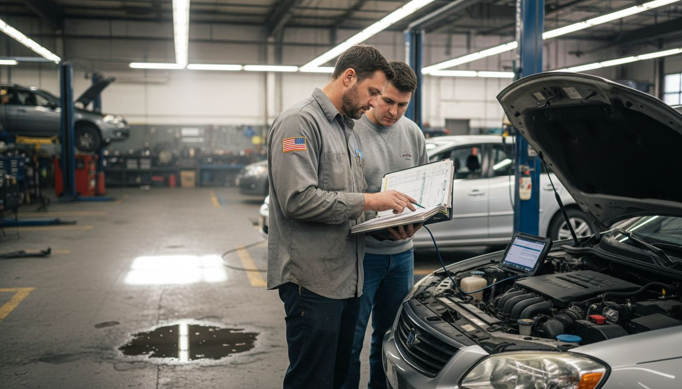 Mechanic discusses vehicle defects with customer