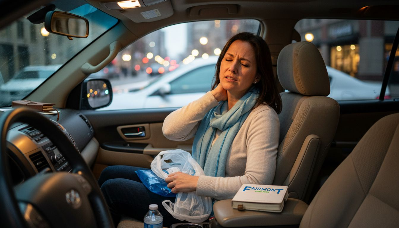 Woman with neck pain inside urban car