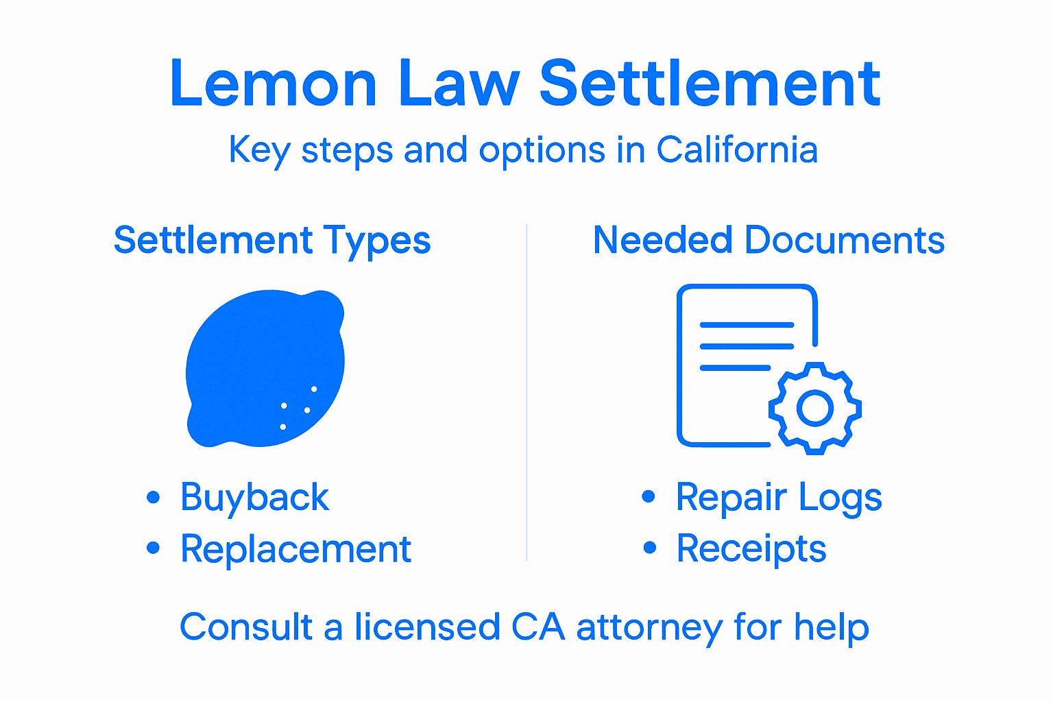 Infographic showing lemon law settlement steps and types