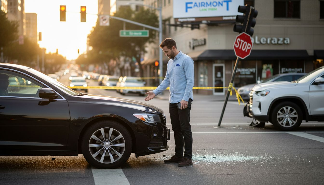 Driver inspects accident scene for fault evidence