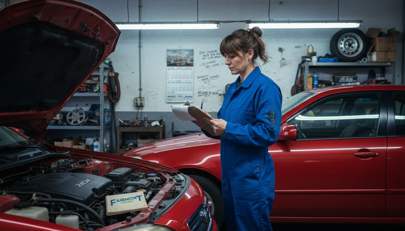Technician reviewing repair order in urban garage