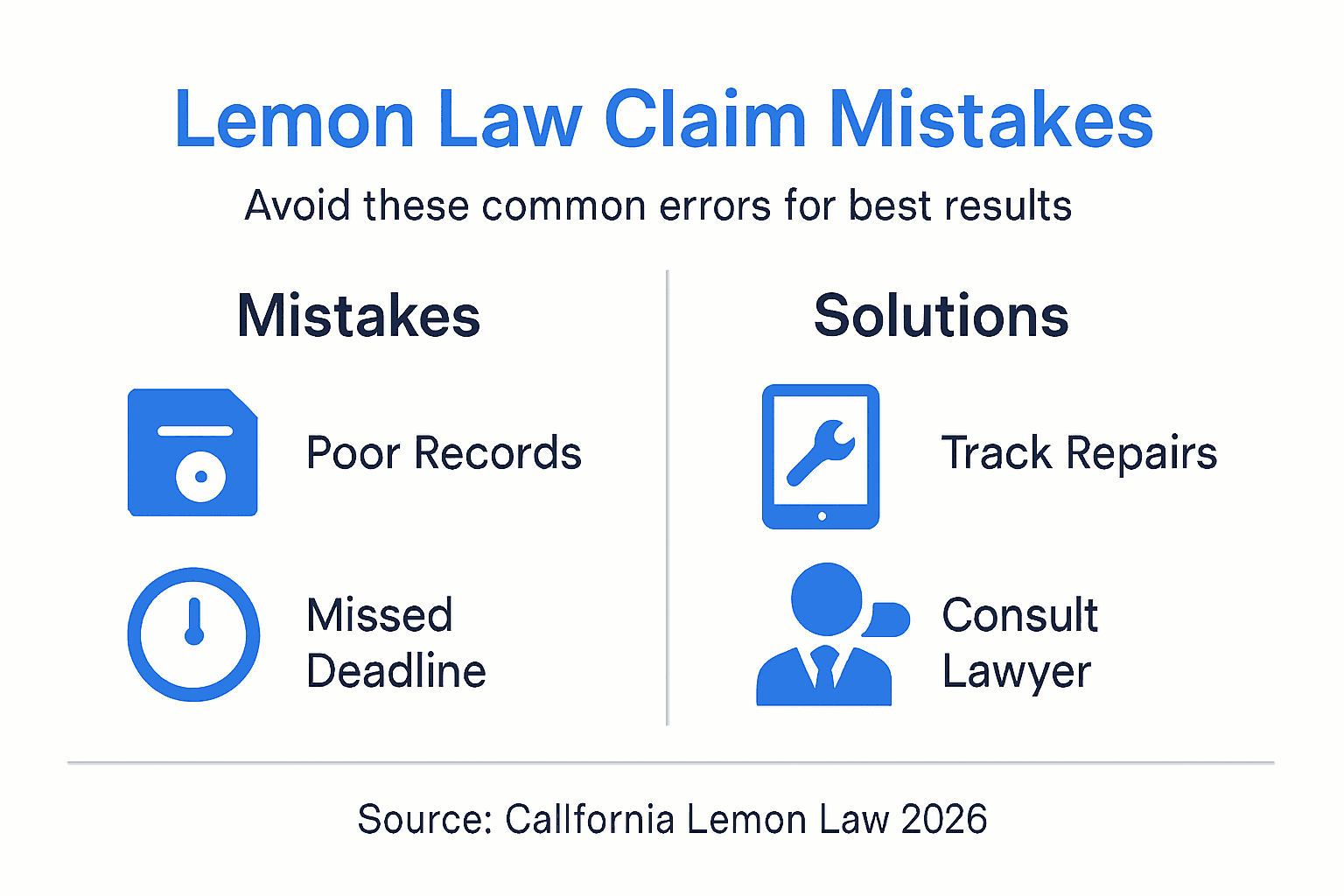 Infographic showing Lemon Law mistakes and solutions