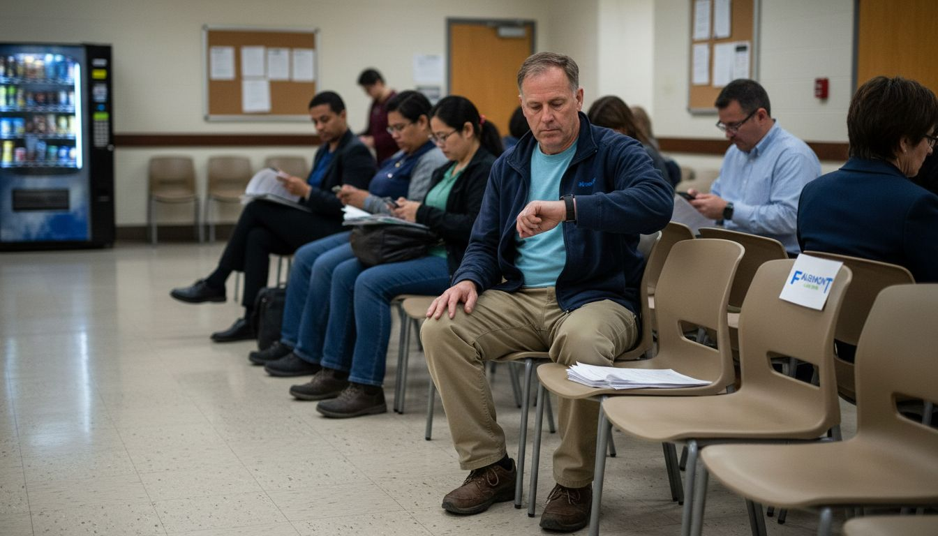 People waiting in California courthouse hallway