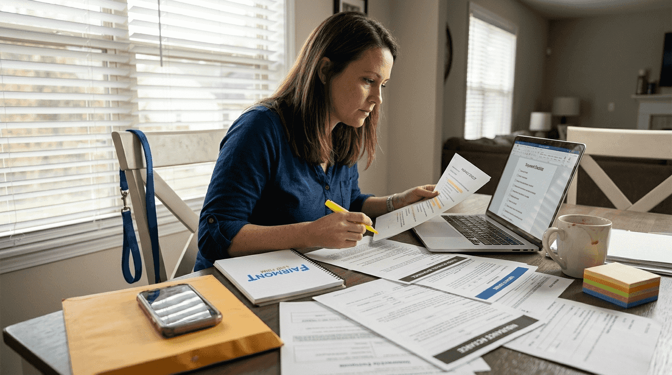 Person reviewing arbitration documents at table