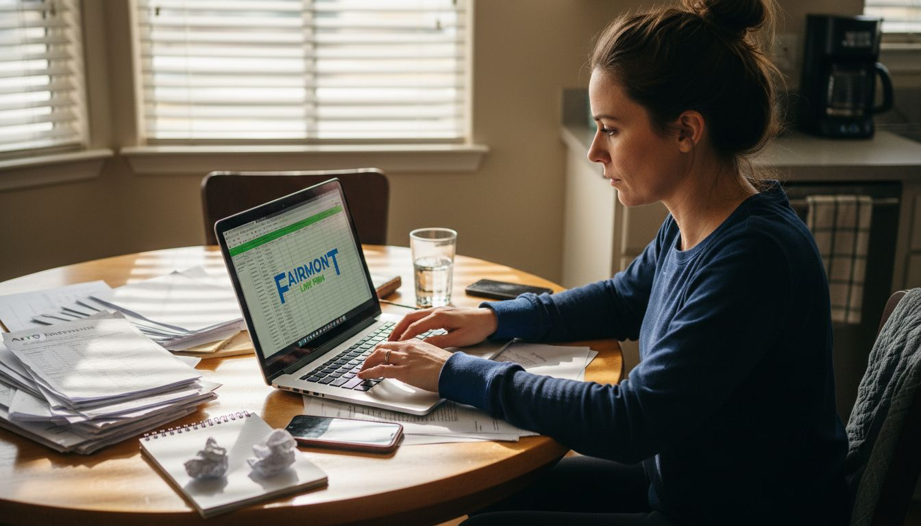 Woman tracking auto repair records at kitchen table