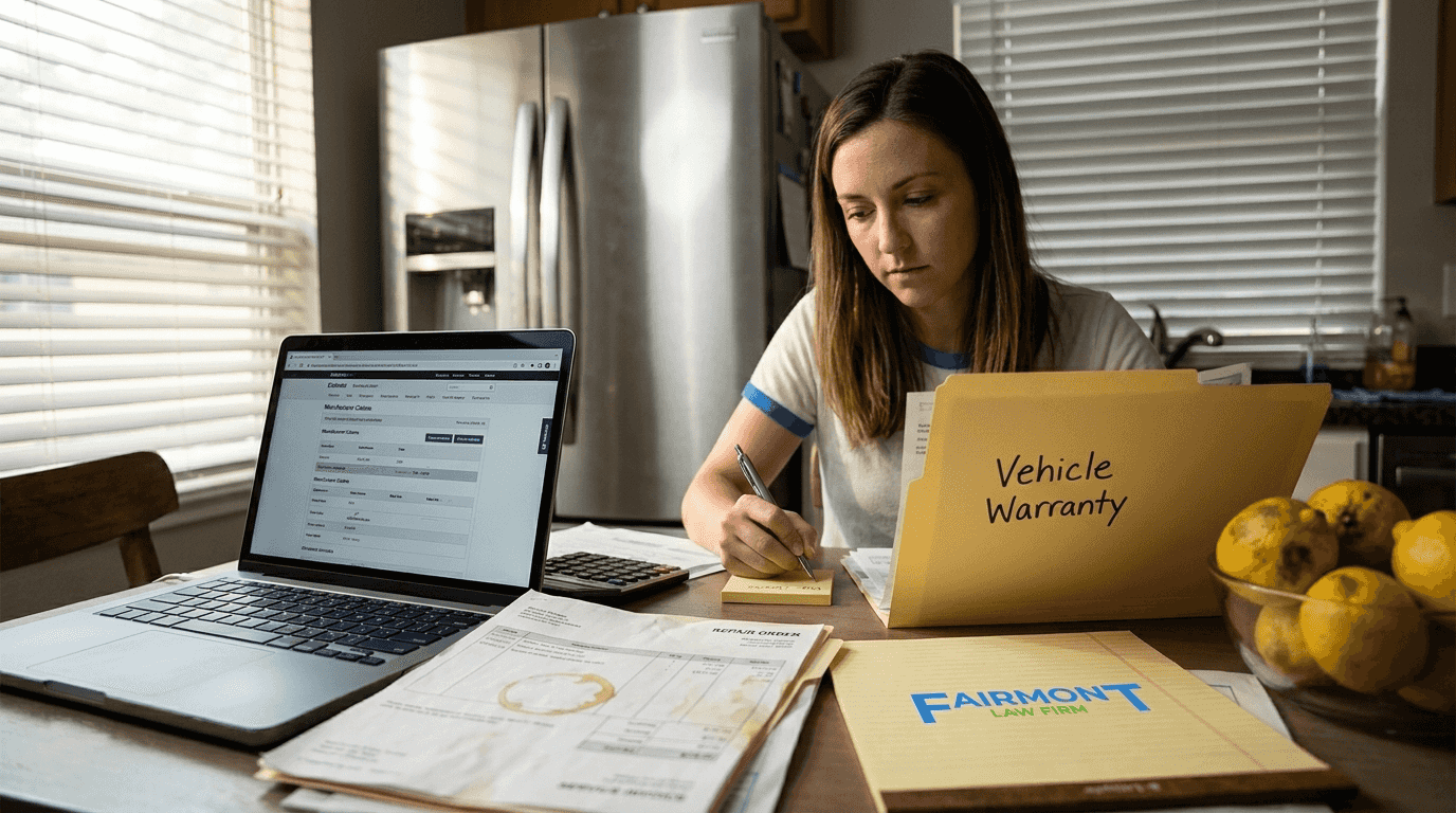 Woman organizing vehicle warranty claim folder