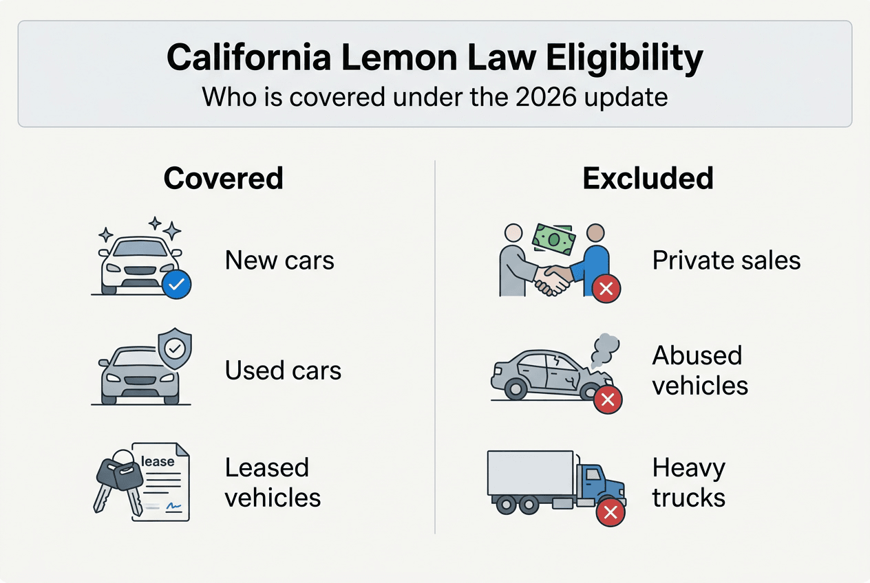 Infographic showing lemon law coverage and exclusions