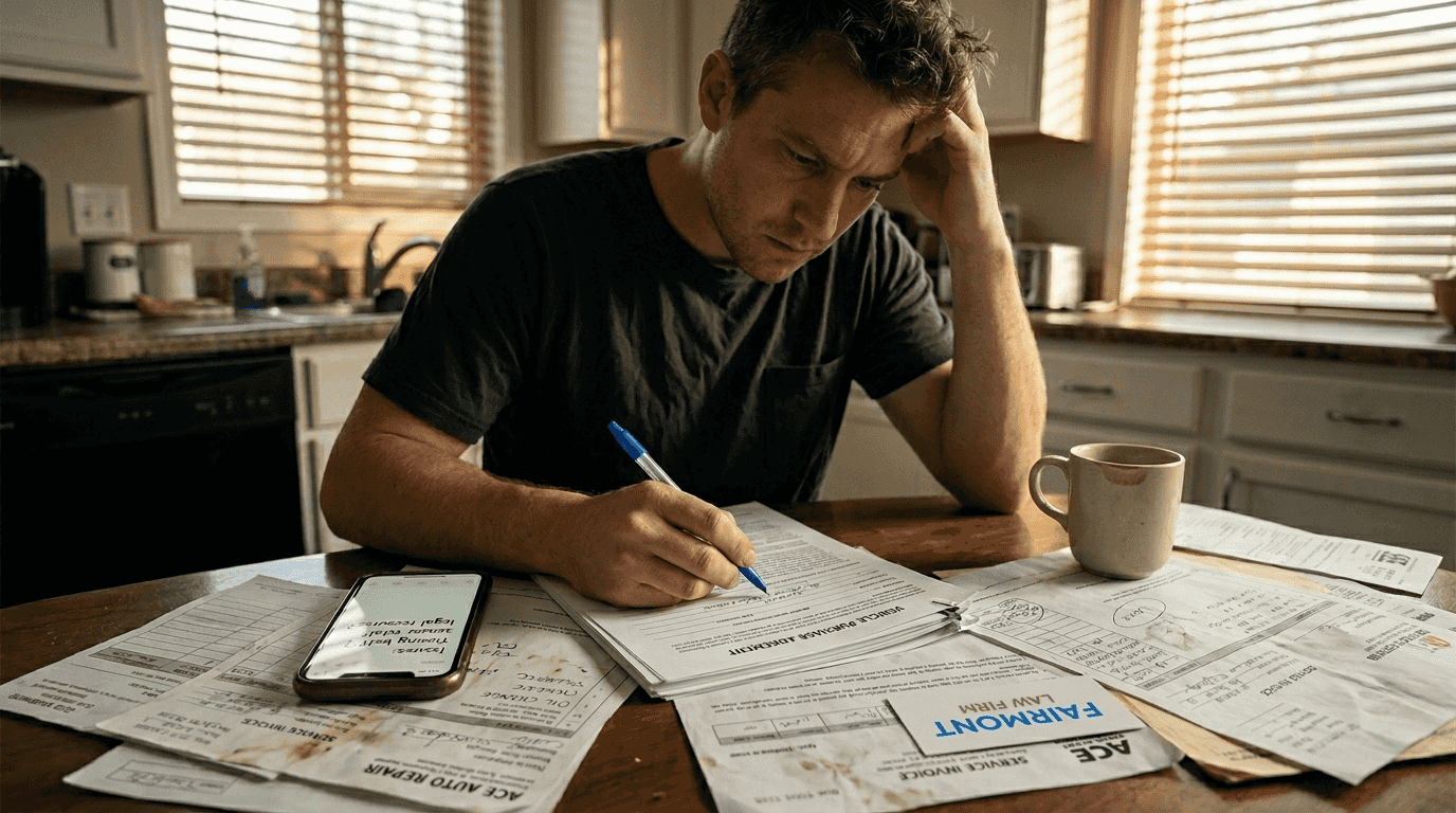 Man organizing auto repair documents at home