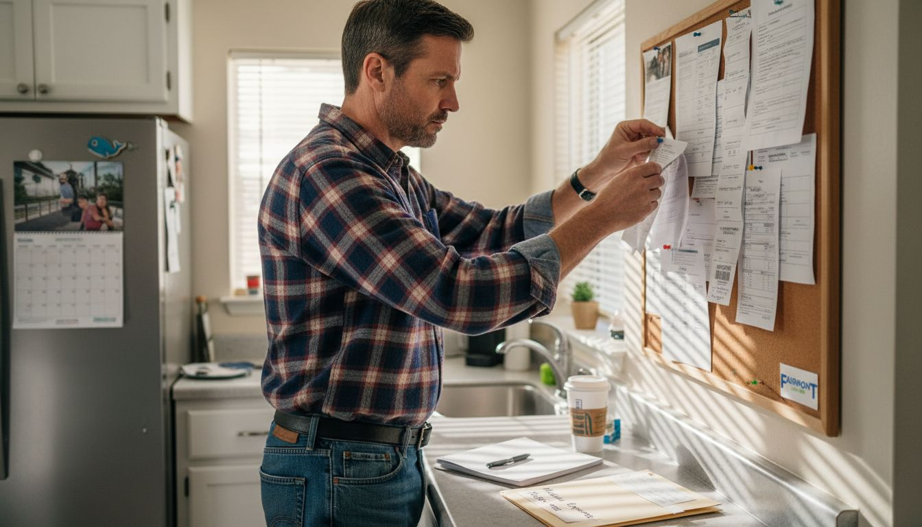 Man documenting expenses in home kitchen