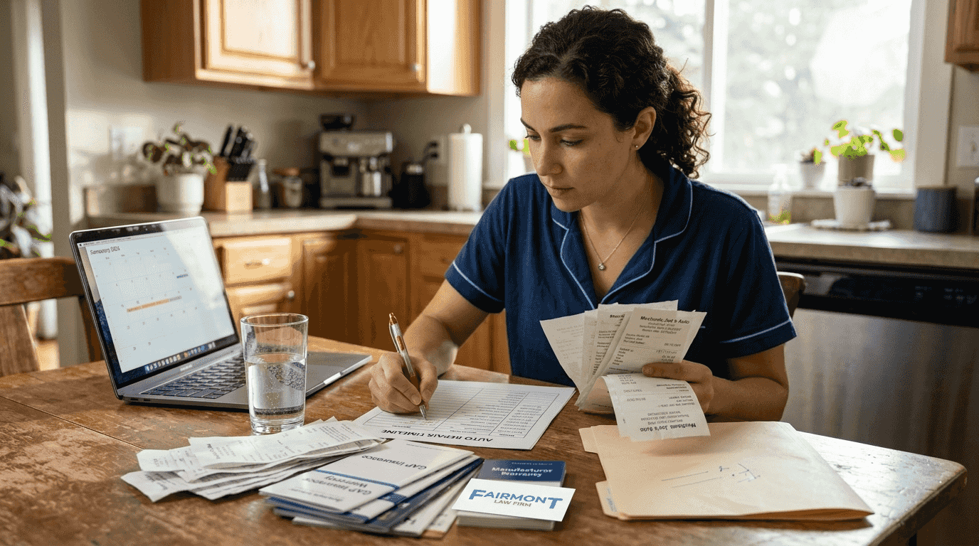 Woman organizing car repair documents on timeline