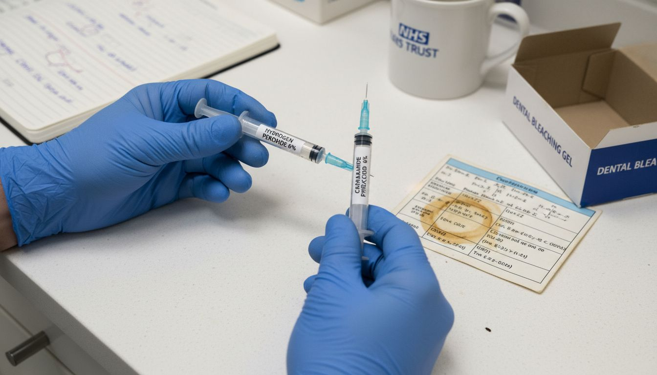 Dentist comparing peroxide treatments at workstation