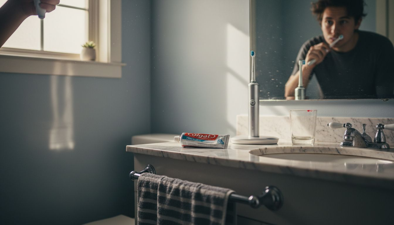 Person brushing teeth in morning bathroom