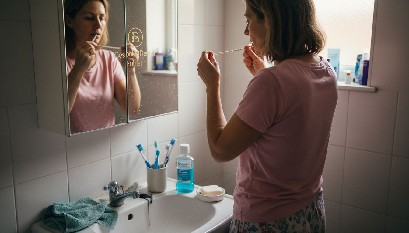 Woman flossing dental implants in bathroom