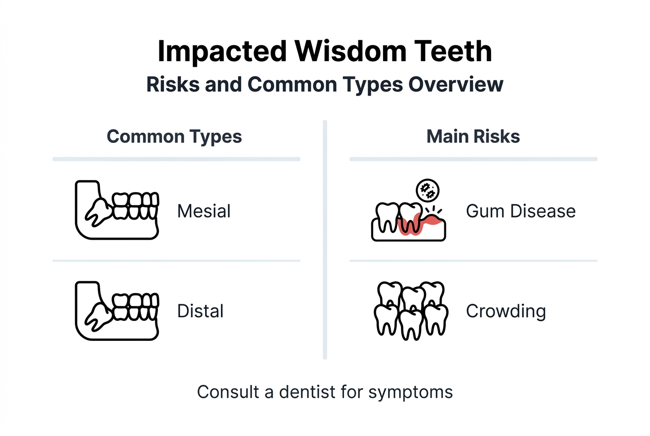 Infographic showing impacted wisdom teeth risks and types