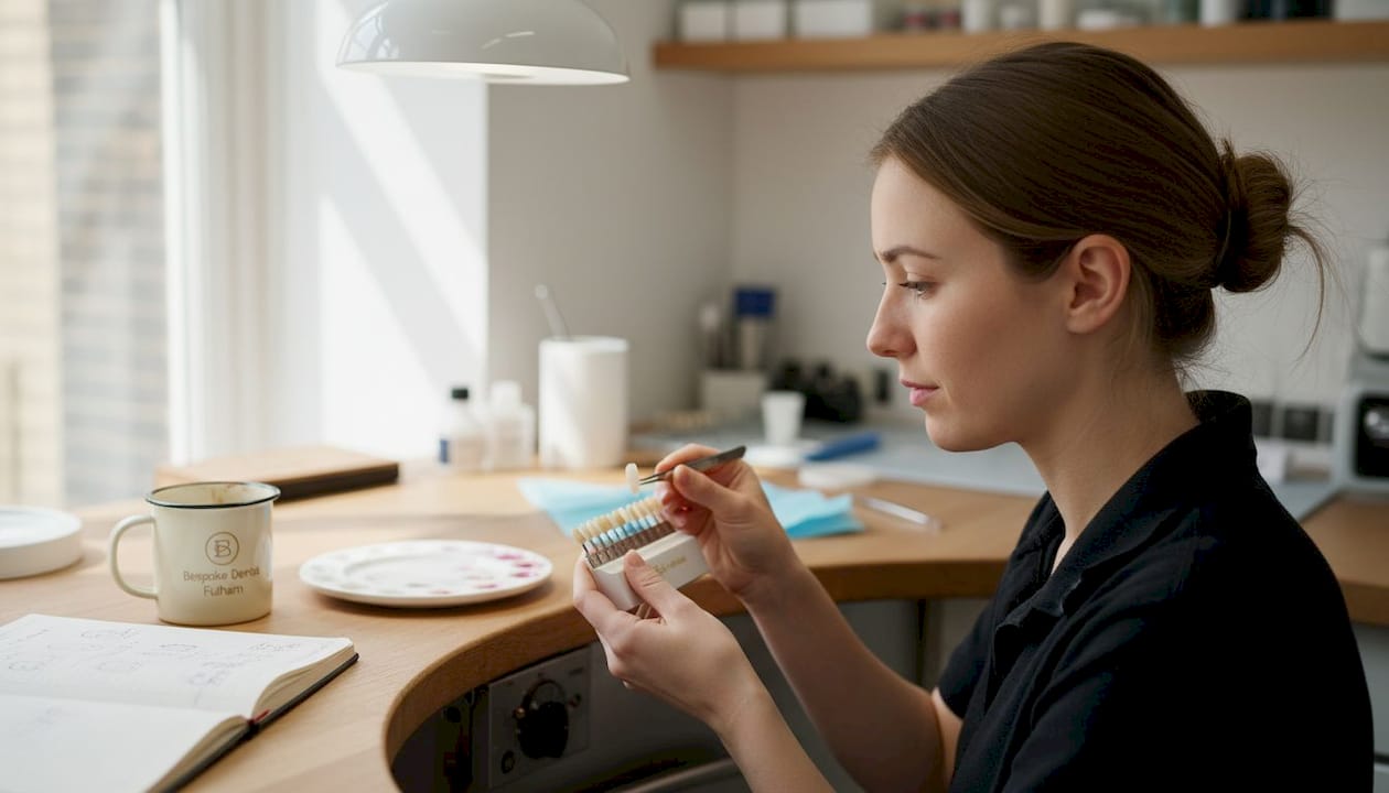 Dental technician matching porcelain veneer shades