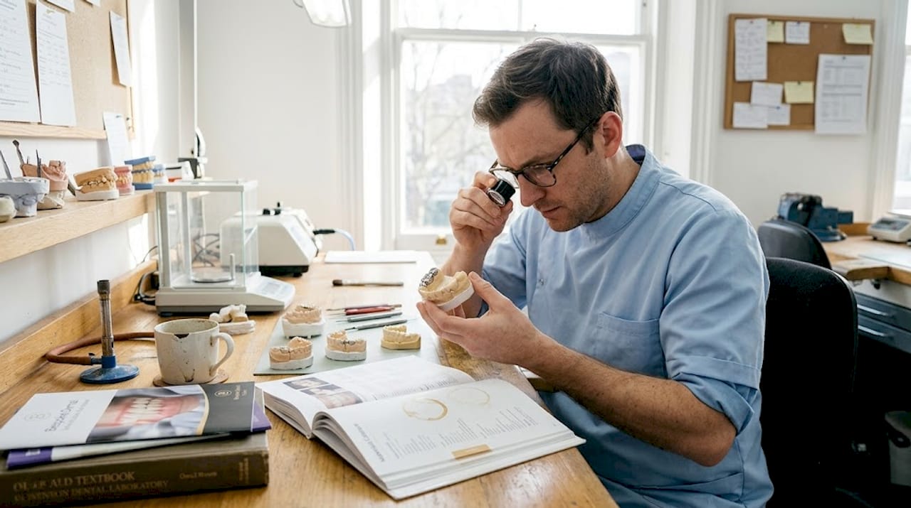 Dental technician comparing filling materials