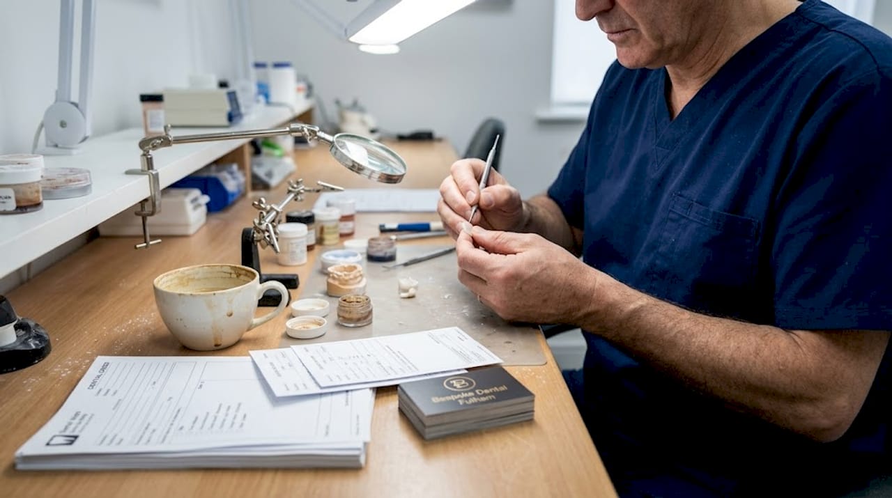 Dental technician shaping ceramic veneer