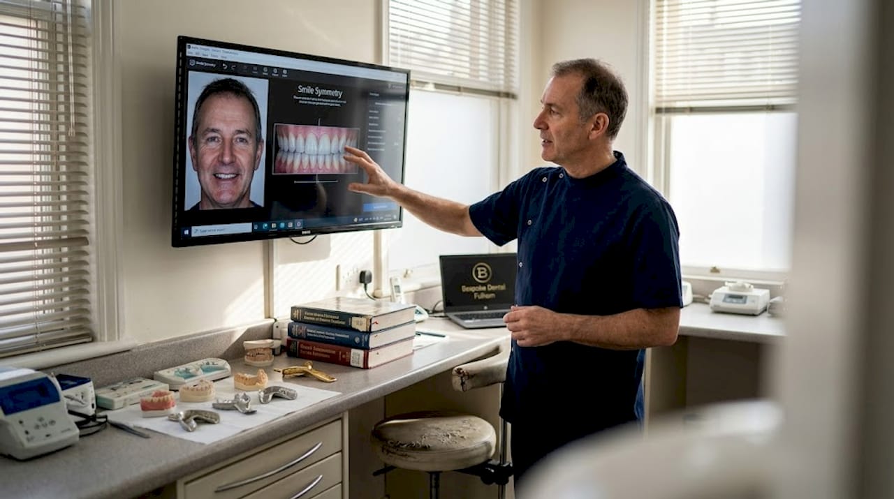 Dentist showing smile symmetry on screen