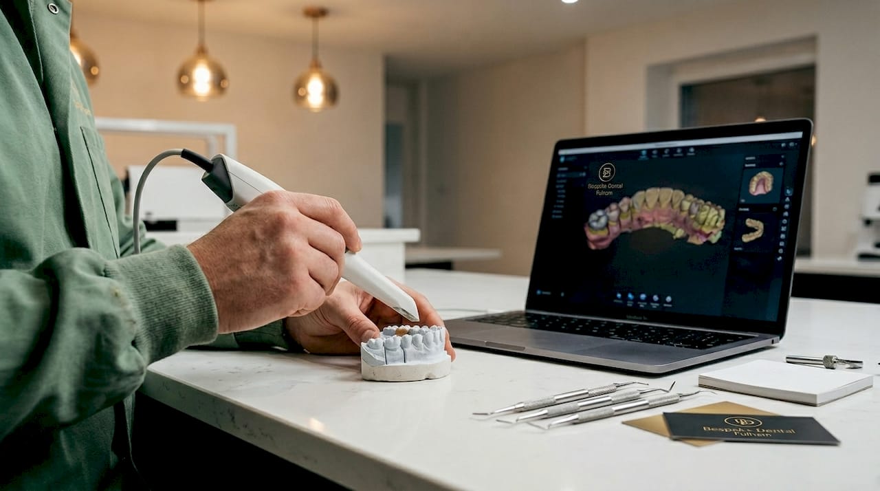 Technician using intraoral scanner on dental mold