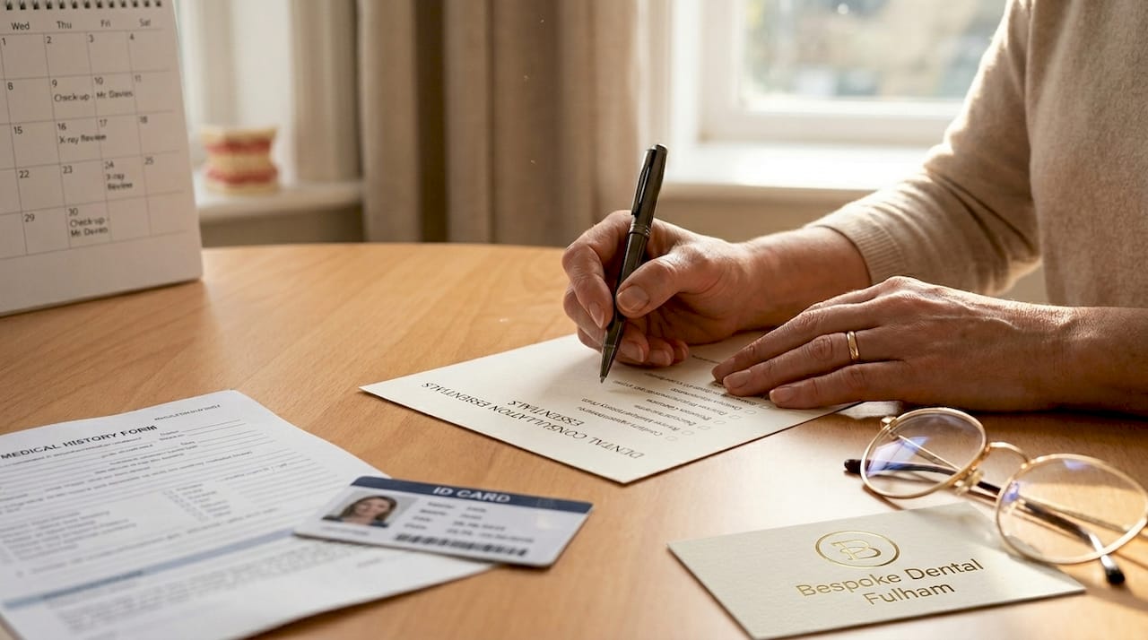 Patient preparing documents for dental consultation