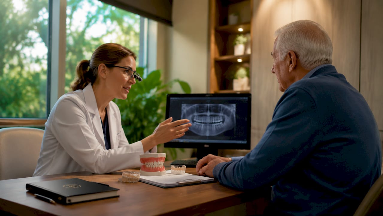 Dentist explaining dental X-ray to patient