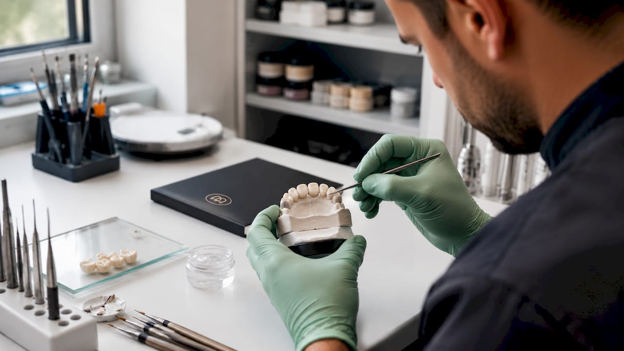 Hands fitting porcelain veneers on dental mold