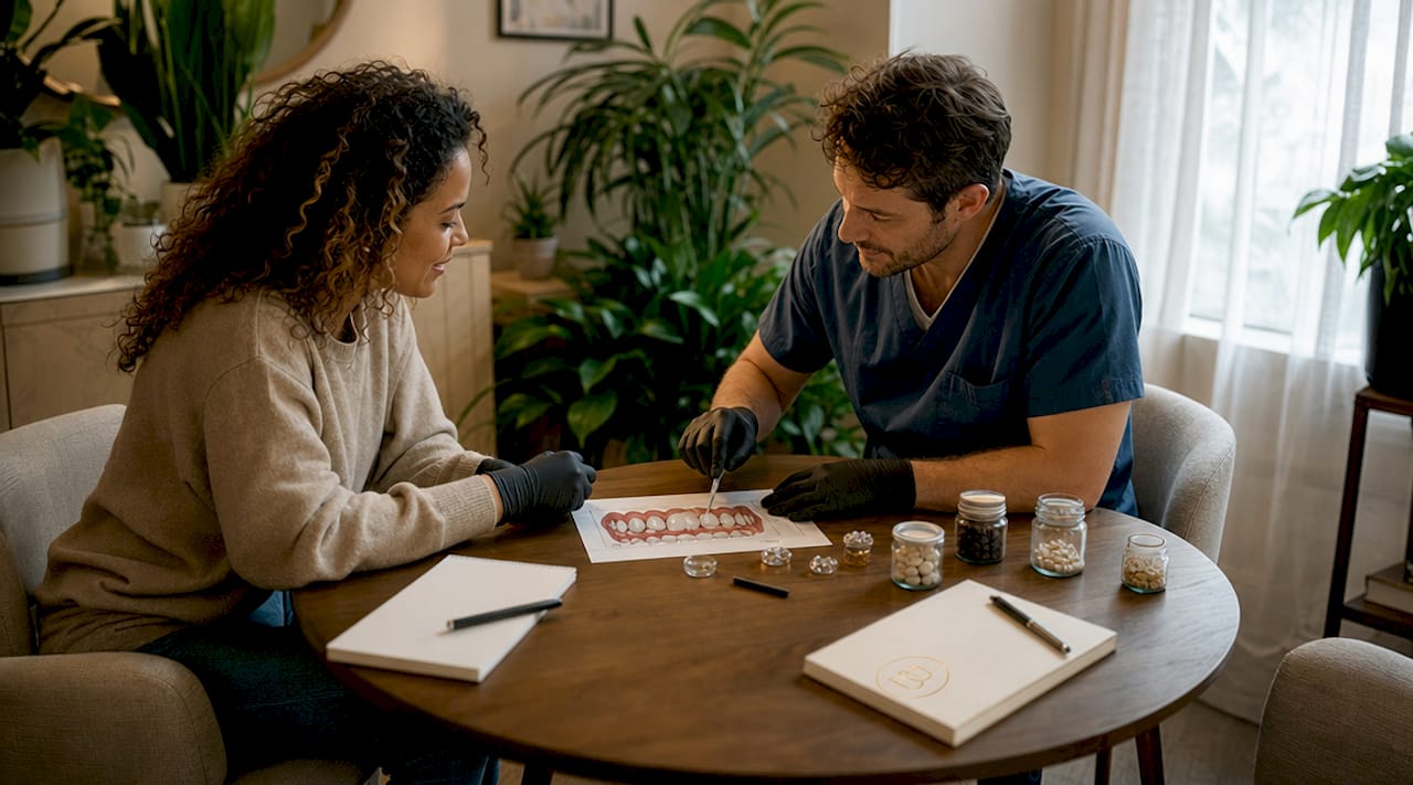 Hands discussing holistic dental health materials