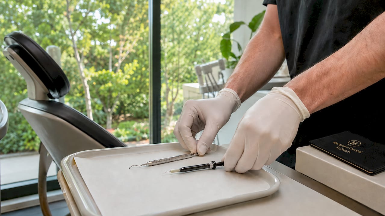 Dentist hands holding dental restoration tools