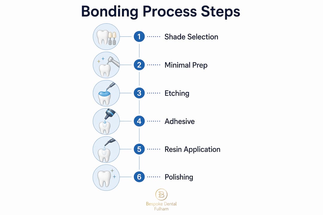 Infographic illustrating six composite bonding steps