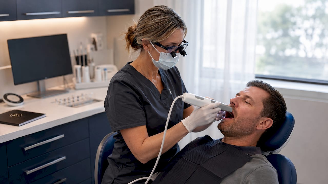 Dentist performing 3D intraoral scanning on patient