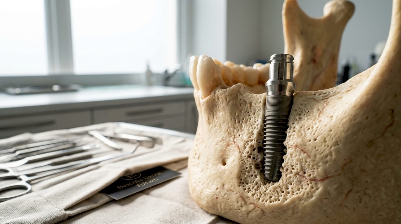 Close-up of dental implant embedded in jawbone