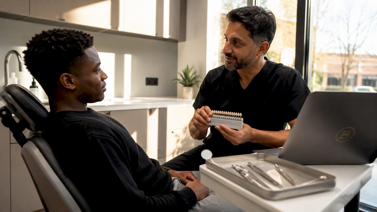 Dentist showing shade guide to patient