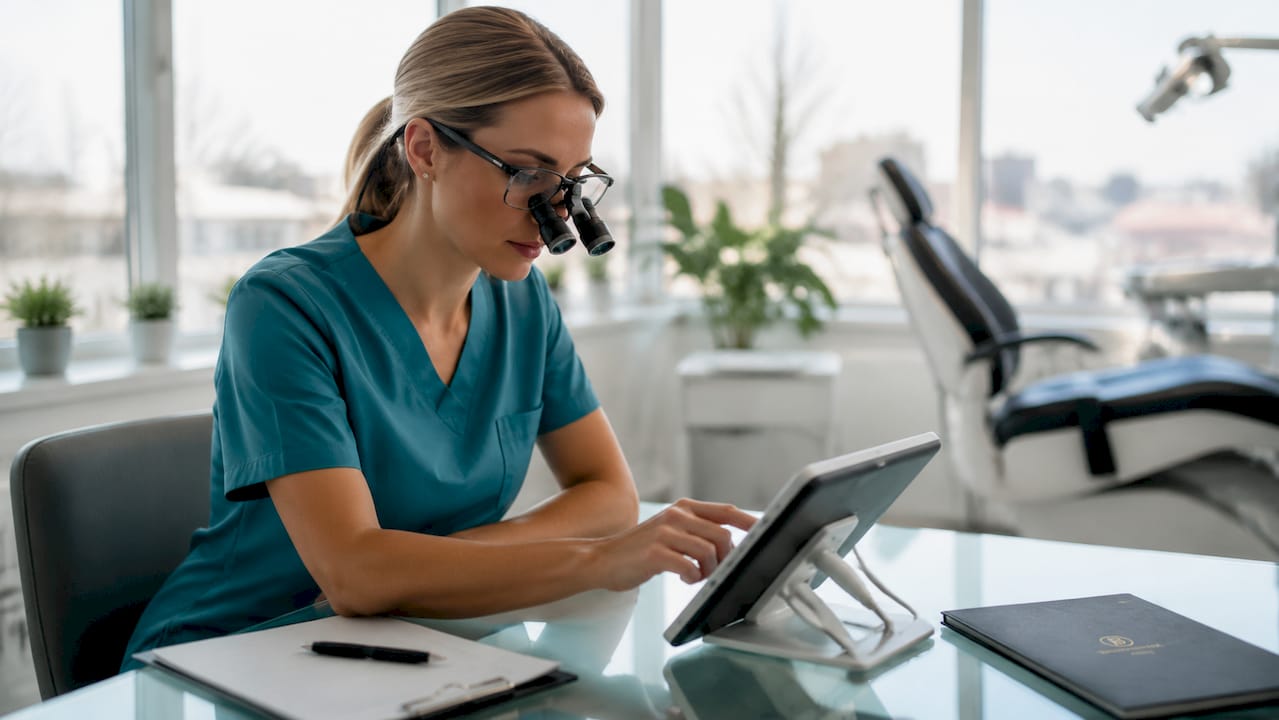 Dental hygienist using digital diagnostic equipment