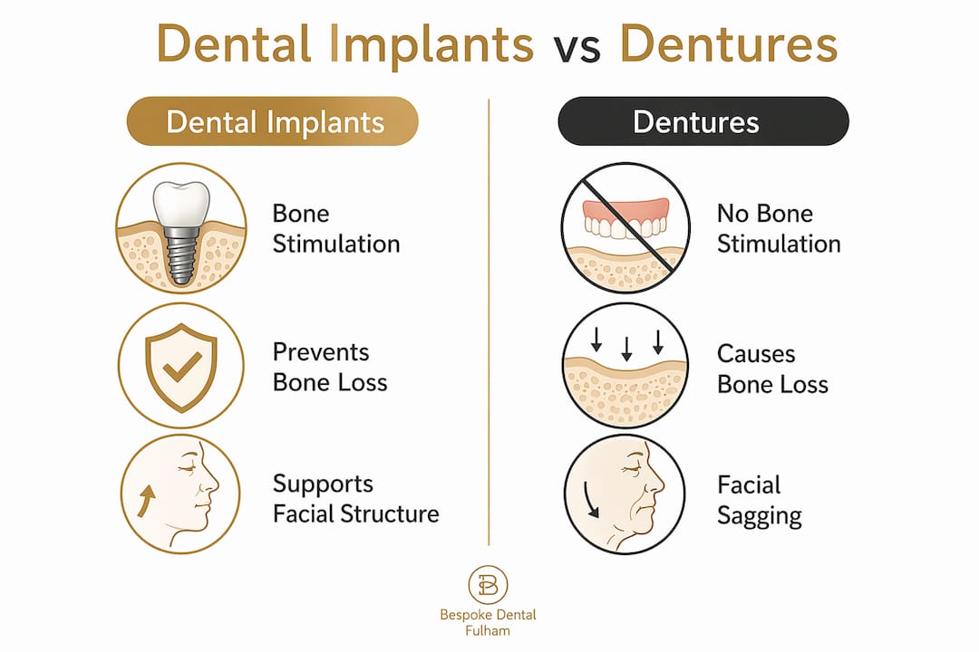 Comparison infographic of dental implants and dentures benefits