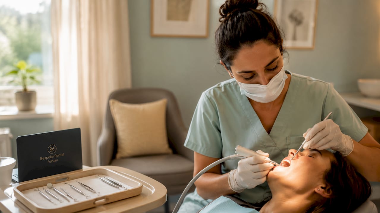 Dental hygienist cleaning patient’s teeth over shoulder view