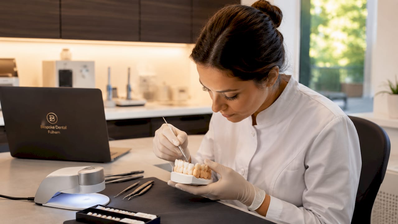 Technician fitting minimal-prep veneer on dental mold