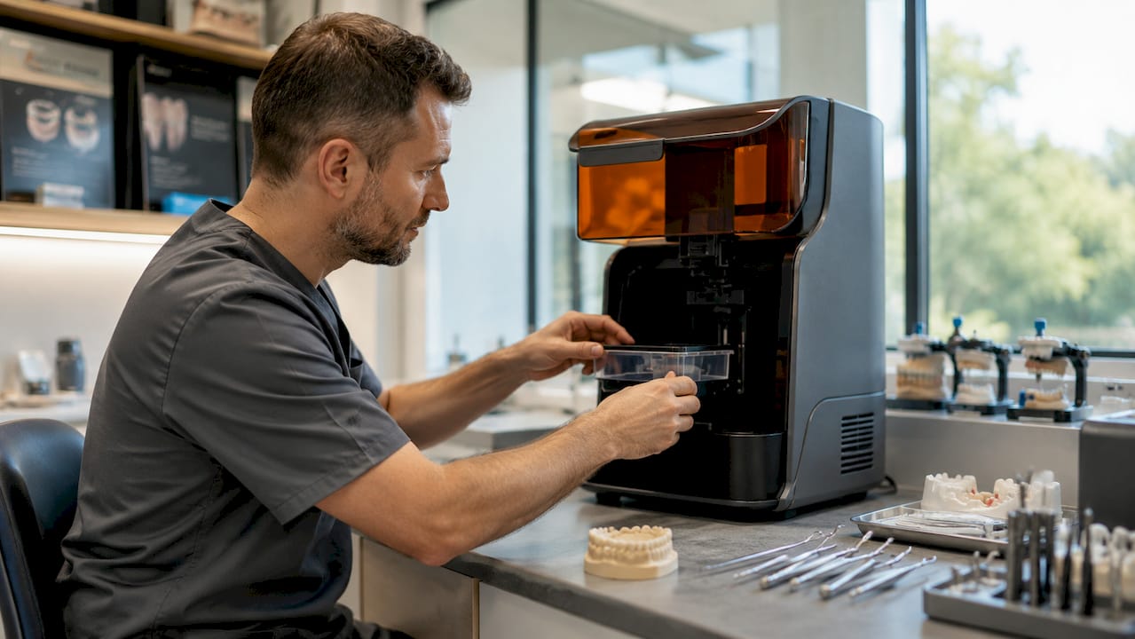 Technician preparing 3D printer for dental crown