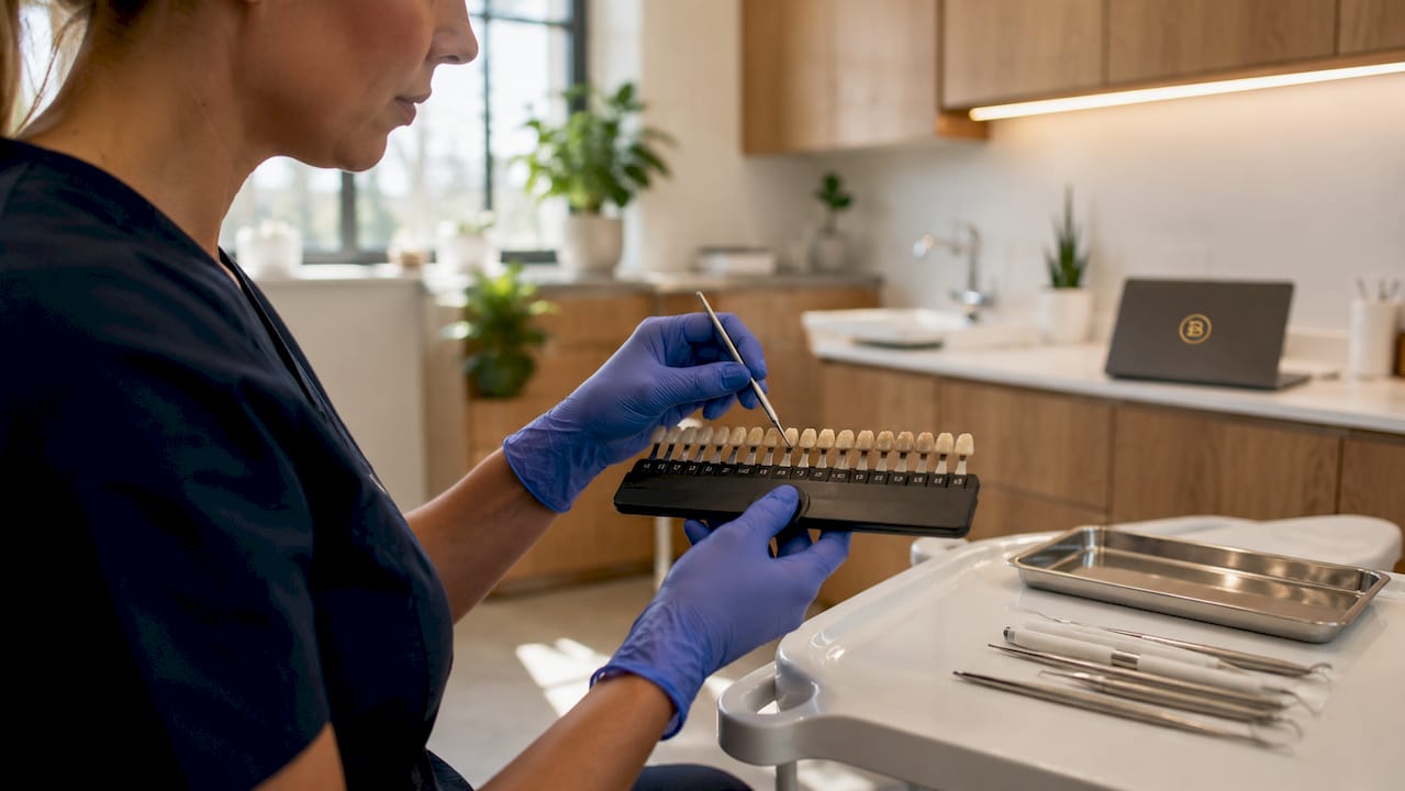 Dental hands selecting composite resin shades