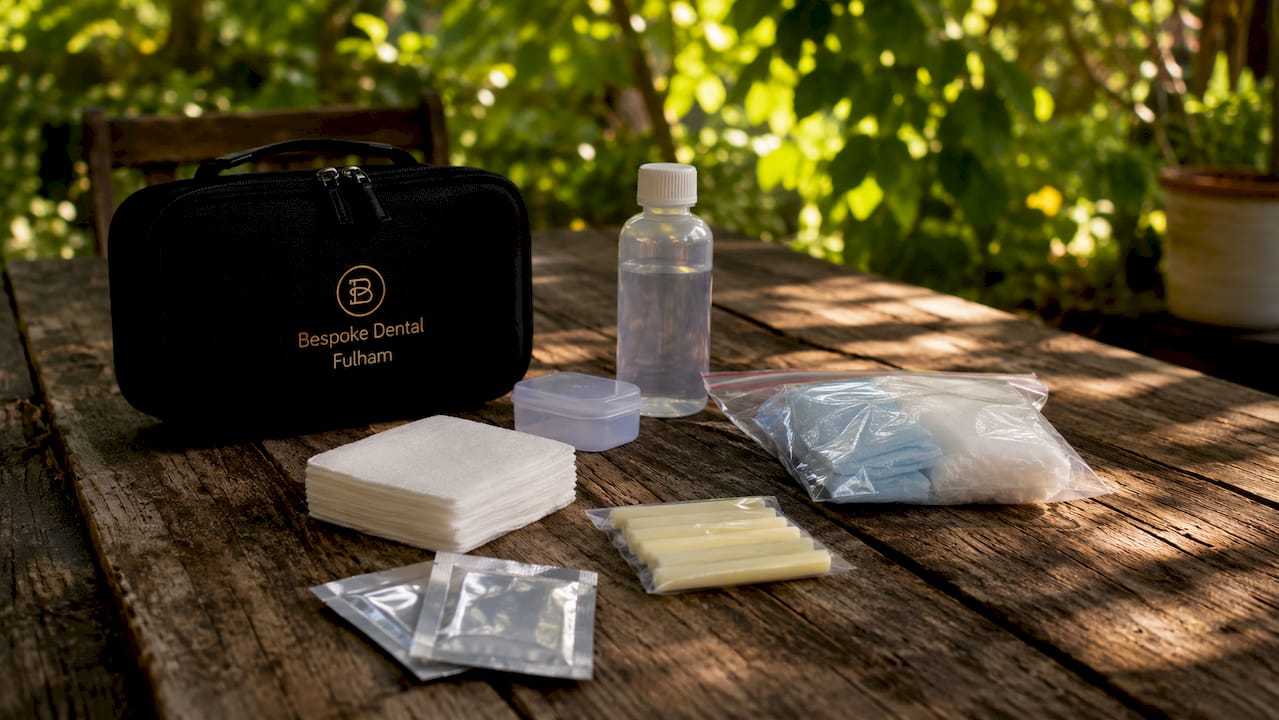 Emergency dental care kit items on table
