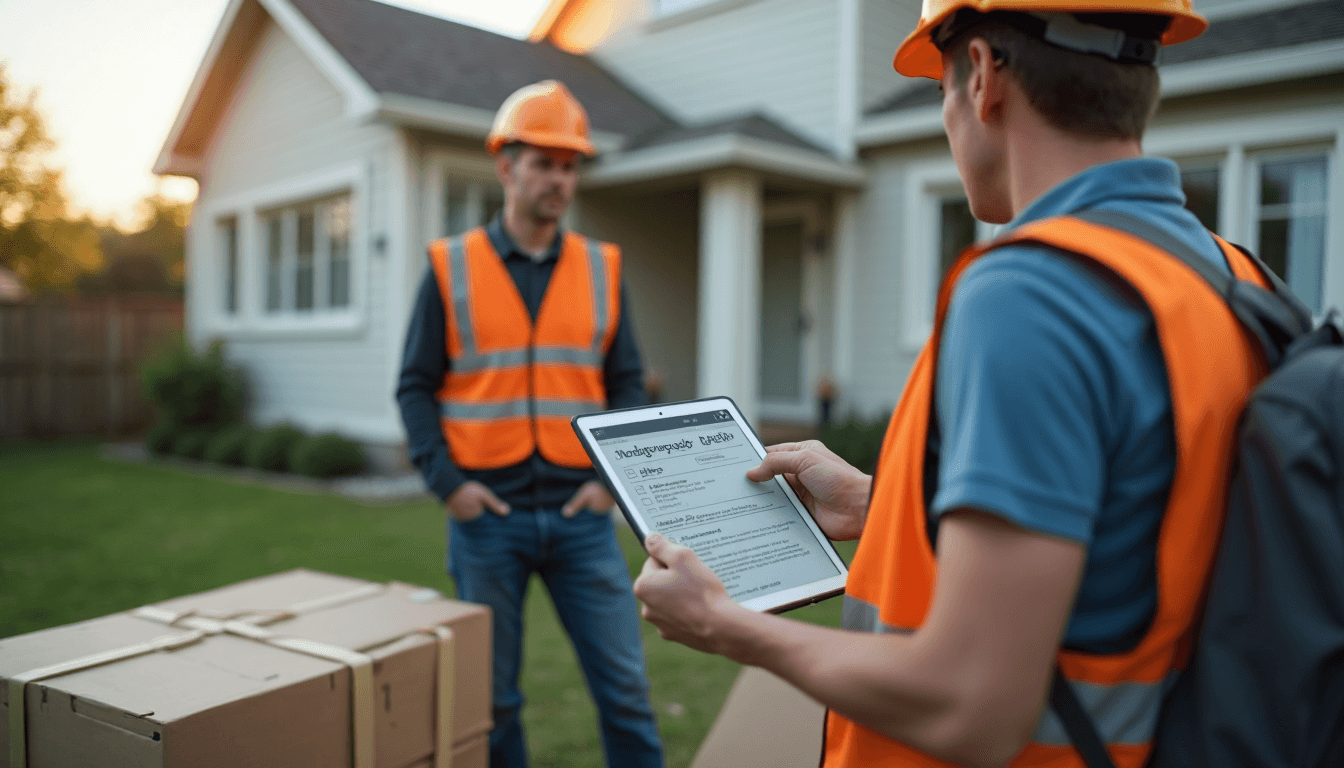 Workers using tablet to select storage options outside renovated house