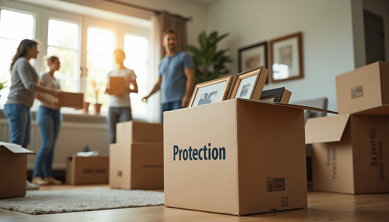 Family and movers pack home with labeled 'Protection' box for moving