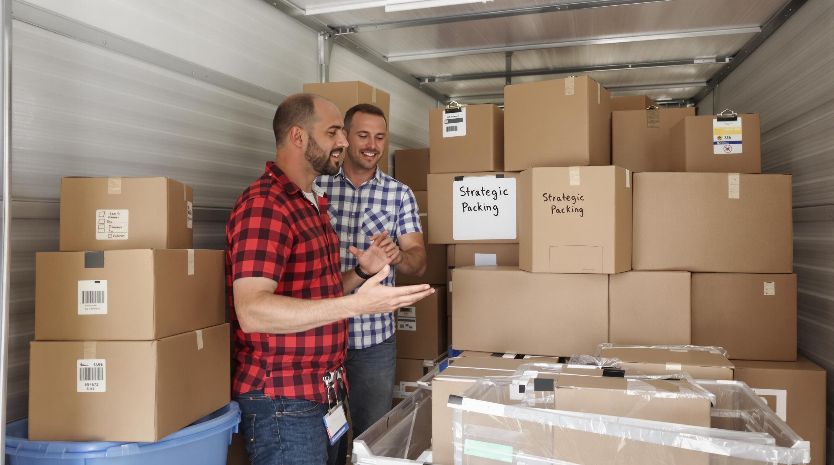 People packing labeled boxes in storage unit, checklist shows Strategic Packing