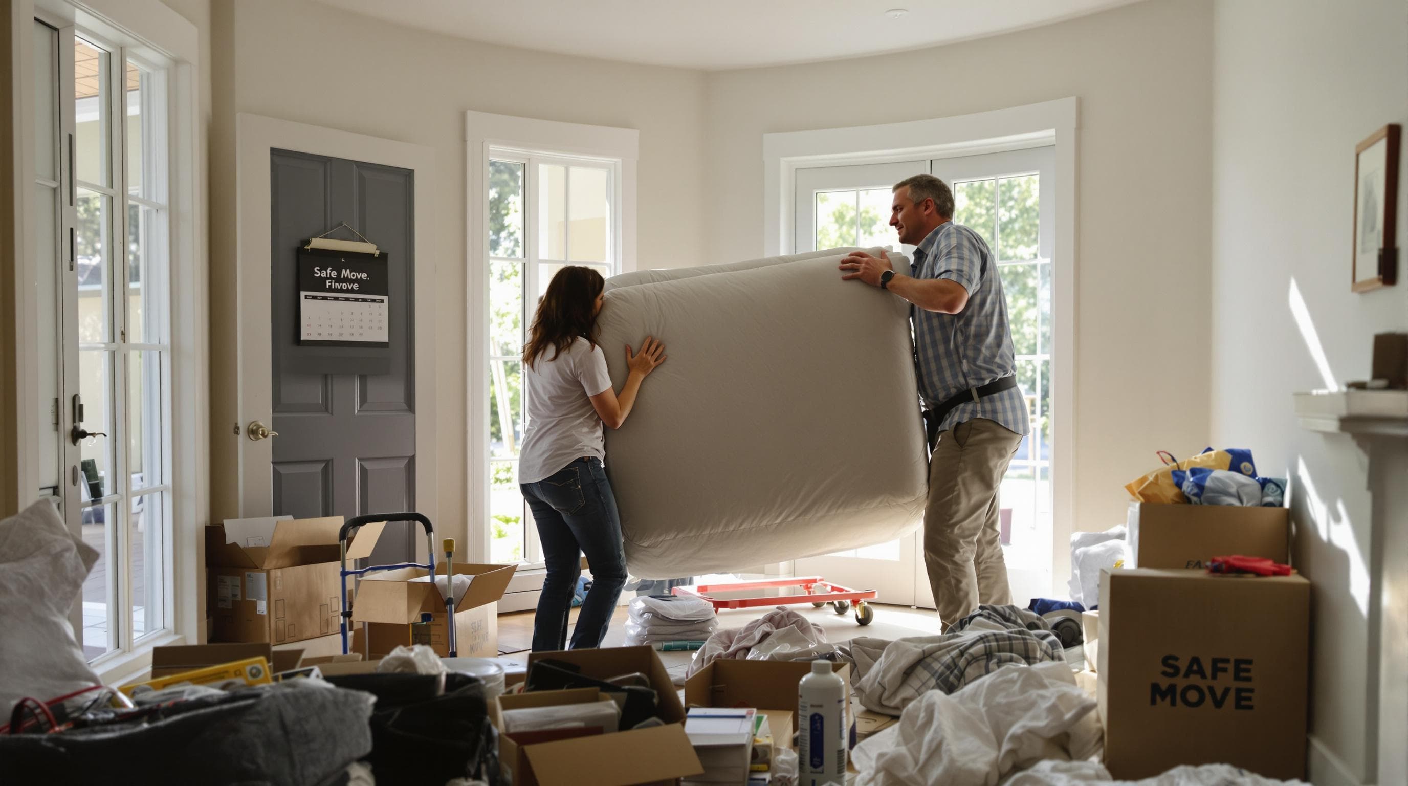 Two people safely moving a large couch through a sunlit South Carolina home doorway