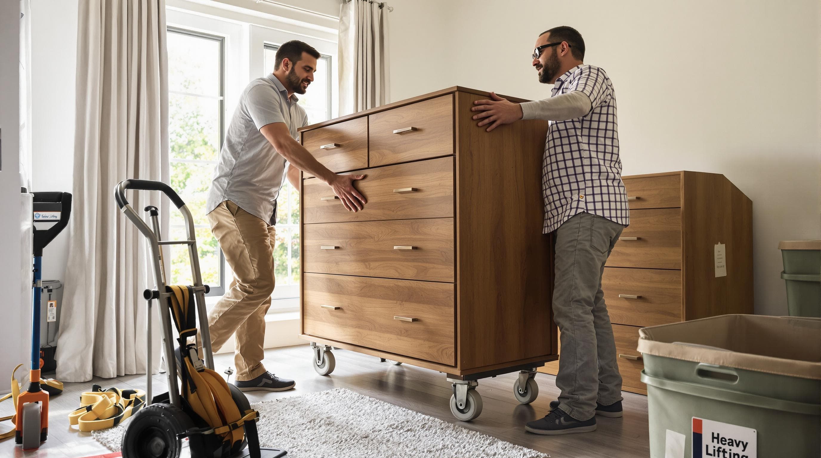 Two adults using furniture dolly and tools to move heavy dresser safely