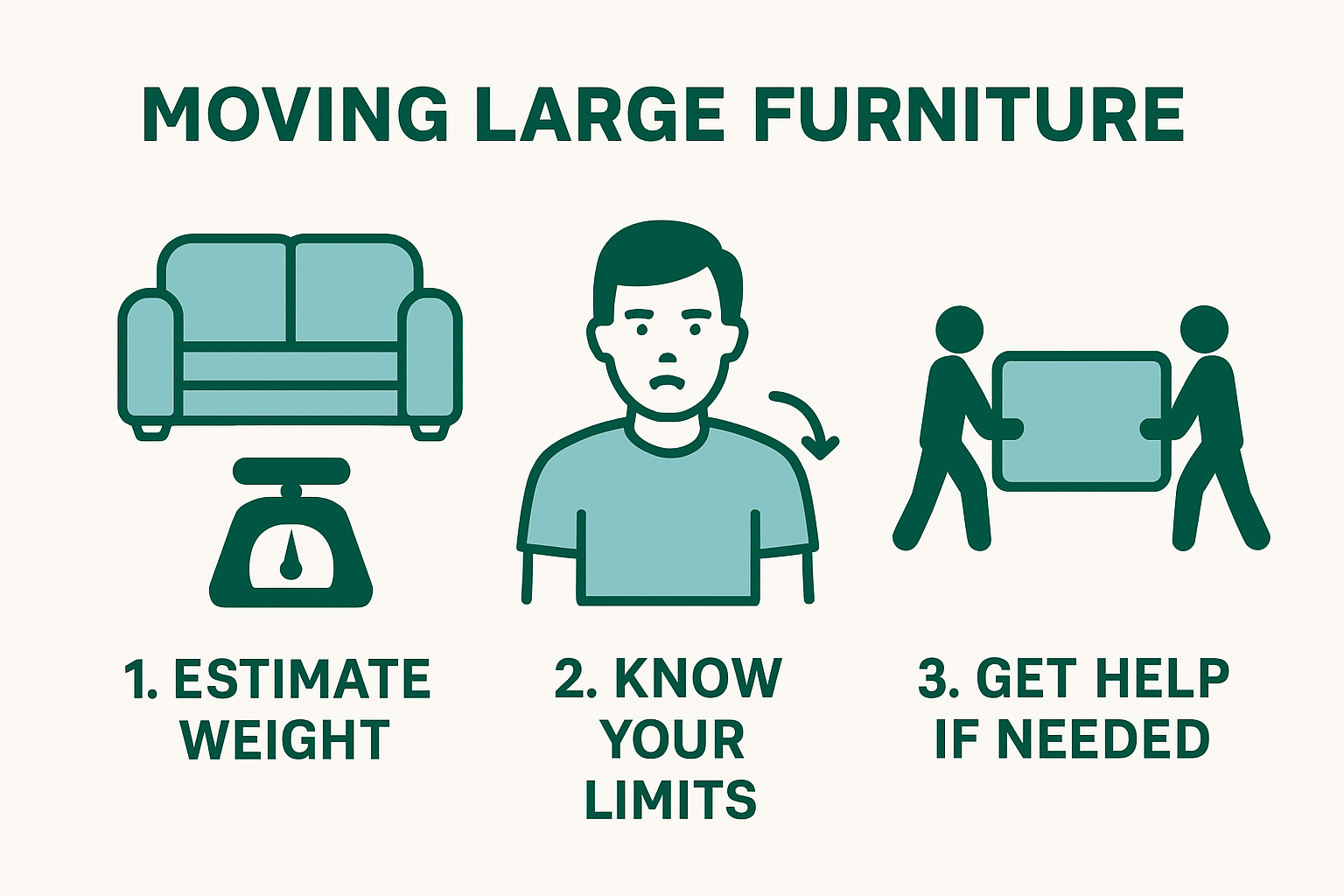 Infographic showing steps to assess furniture and personal strength before moving.