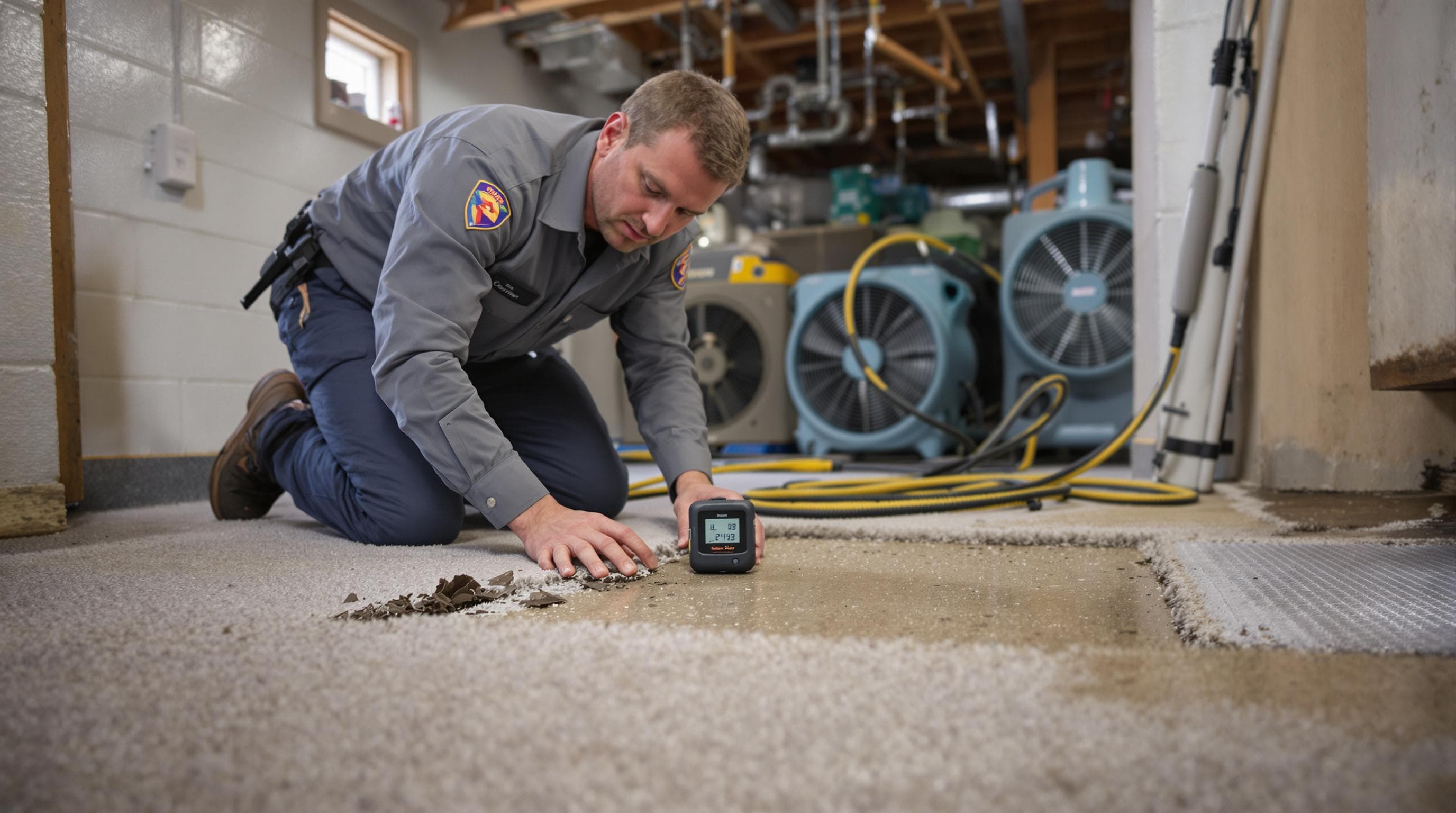 Restoration professional using device to detect hidden water in basement carpet