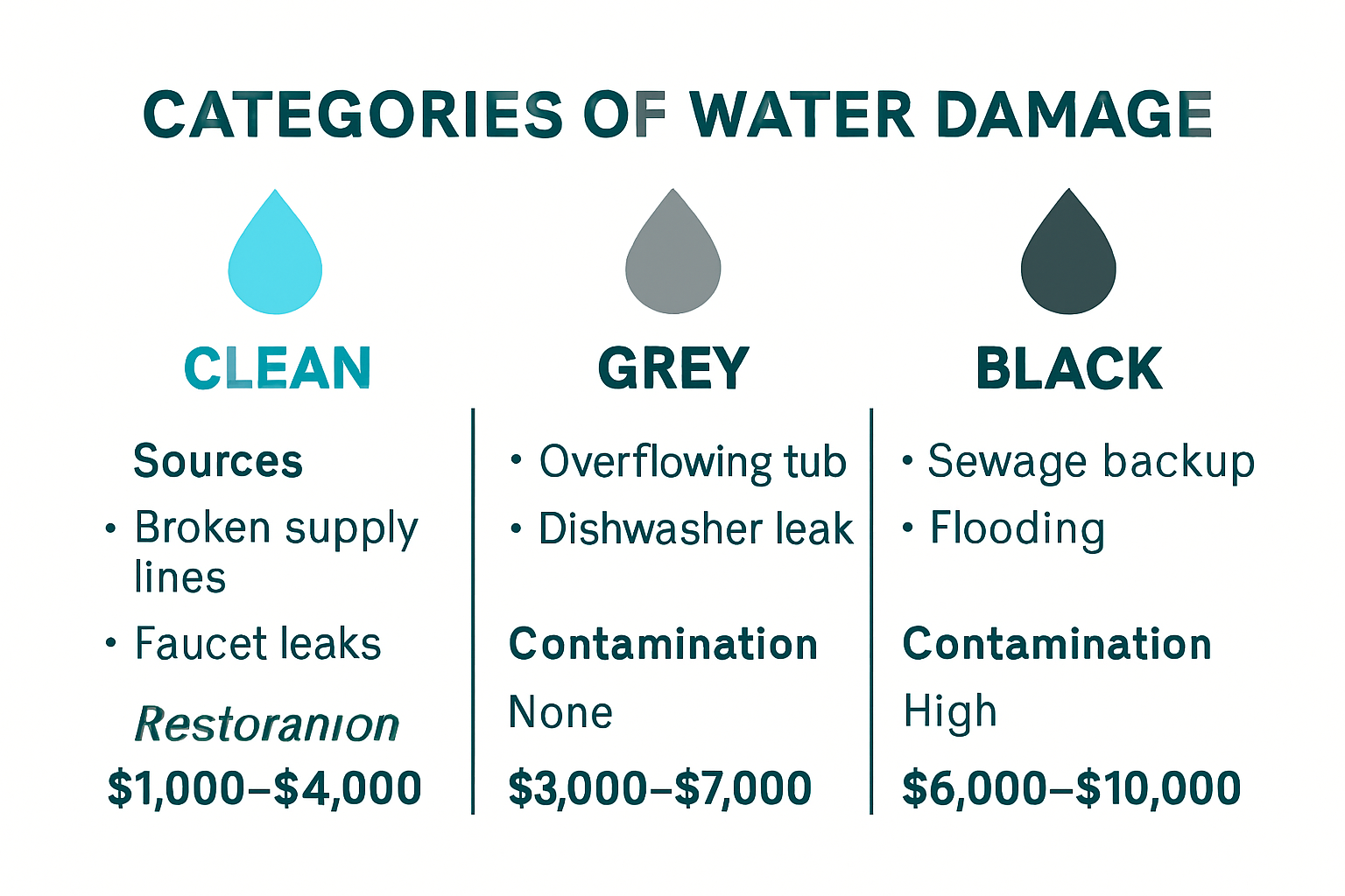 Infographic showing types and cost ranges of water damage