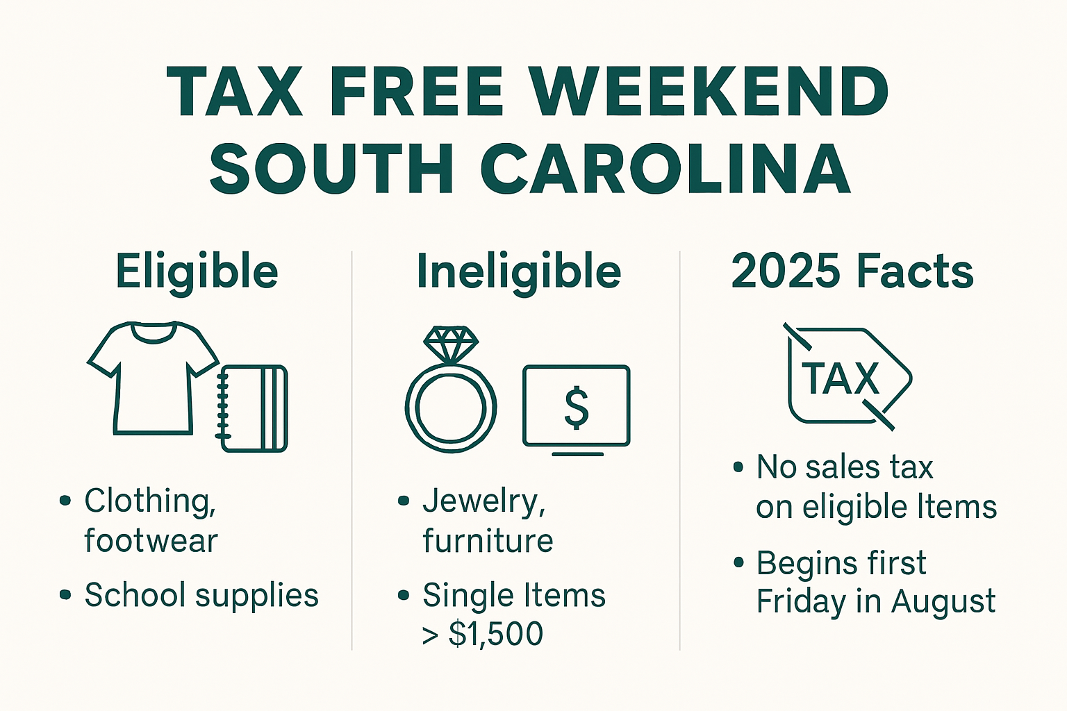 Infographic showing eligible and ineligible items for Tax Free Weekend South Carolina